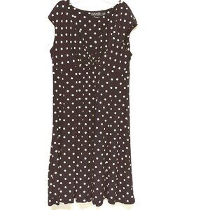Lauren Ralph Lauren Polka Dot Fit & Flare Ruched V-Neck Dress Stretch 16 Black